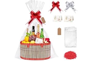 Dreamtop Empty Hamper Basket, Red Large Woven Bamboo Gift Basket Hamper Kit with Handles, Sturdy Hamper Baskets for Gifts Empty to Fill for Christmas Birthday Baby Shower Wedding Gift
