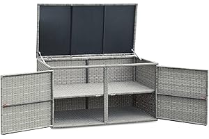 TANGZON 2-Tier Garden Storage Box, 2-Way Opening Rattan Deck Box Chest with Flip-Top Lid, Outdoor Weatherproof Storage Organiser with Metal Frame for Toy Cushion Poolside Patio Balcony (Grey)