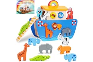 KMTJT Toddlers Wooden Noahs Ark Toy, Christening Gifts for 1 2 3 Boys Girls, Shape Sorter Early Learning Montessori Toys for 12-18 Months, 1st Birthday Baptism Gifts