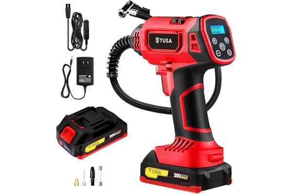 Tusa plastic Tyre Inflator for Cars & Bikes - 2X Faster Inflation - 6000mAH Rechargable 20V Battery Powered Air Compressor - 12V DC Adapter - Digital Display - 150PSI