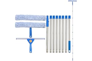 PIMEKOY 3m Window Cleaning Equipment Cleaner Tool with Long Handle, 35cm Window Squeegee and 38cm Scrubber Set with Long Poles, Professional Windows Washing Kit for Outdoor Home Commercial Use