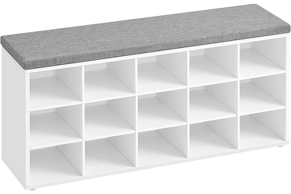 VASAGLE Banc à Chaussures, Organiseur de Chaussures avec 15 Compartiments, Siège Rembourré, pour Entrée, Couloir, Placard, Blanc Nuage et Gris Tourterelle LHS15WT