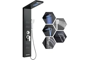 KEOKBON Stainless Steel Shower Tower Panel with LED Lights 5 Function (Rainfall Waterfall Shower Head, 4 Body Shower, Waterfall Bathtub Spout and Handheld) Shower Column System Black