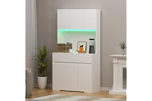 IGTOPS Armario de cocina con iluminación LED, armario alto de 170 cm, armario multiusos con enchufe y 3 cajones, compartimento abierto, armario de cocina, armario alto, 170 x 100 x 38,5 cm, color blanco