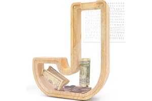 DBPBToU Hucha Grande de Madera con Letras, Huchas Personalizada Transparente 23*4*23cm, Hucha Cerdito para Niños, Hucha Grandes Creativa para Regalo de Cumpleaños/Decoración del Hogar/Recuerdo (J)