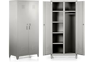 Brigros - Armadietto Spogliatoio Metallico 190x85x50 Cm Con Serratura, Armadio Metallico Multiuso Con Vari Ripiani Con 2 Ante In Metallo Per Ufficio, Spogliatoio, Palestra (Grigio)