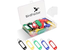 ‎BIRDFACTOR Pack of 50 Keyrings with Labels - 5 Colours, Plastic Box with Extra Labels, Key Tags and Key Tags with Ring Also for Pets, Luggage or USB Sticks