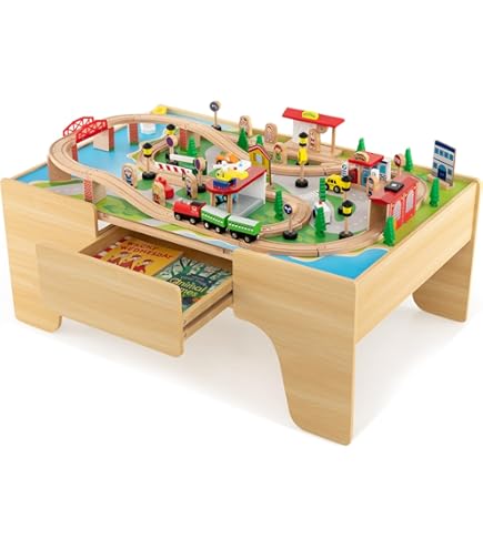 GOPLUS 100-delige spoorwegset en speeltafel van hout, multifunctionele speeltafel met omkeerbaar en afneembaar tafelblad, grote lade, treinen, rails, voertuigen, speelgoed voor kinderen vanaf 3 jaar