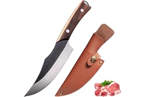 Fubinaty Couteau de cuisine Couteau de cuisine forgé à la main en plein air avec acier à haute teneur en carbone Couteau de cuisine de camping Full Tang Couteau de chasse avec étui en cuir