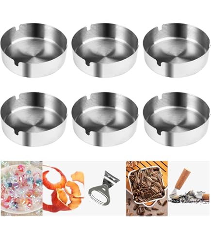 Set 5 Posacenere In Acciaio Inox - Antivento Con 3 Scanalature - 10x10x5 Cm - Argento