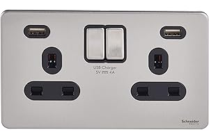 Schneider Electric Ultimate Screwless Flat Plate - Switched Double Power Socket with USB Charging Ports, 13A, GGBGU3424DBSS, Stainless Steel with Black Insert