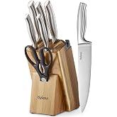 Kitchen Knife Set with Block, 7 Pieces German Stainless Steel with Built-in Sharpener, Professional Knife Set with Scissors a