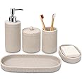 Deobath Bathroom Accessory Set,5 PCS Black Bathroom Accessories Set Complete w/Lotion Soap Dispenser,Toothbrush Holder,Qtip Holder Tray & Soap Dish,Bathroom Decor Countertop Organizer,Beige(DC-006)