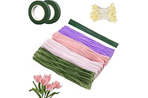 BDHYYM 400 Pcs Fil Chenille Bouquet de Tulipes,Cure Pipe Chenille Loisir Creatif avec Floratape et Tige Fleur Artificielle et Étamines,Adapté aux Fournitures de Bouquet de Fleurs et de Décoration DIY