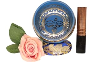 GRÜLT Original tibetische Klangschale mit Sockel und Holzklöppel - handgefertigt in Nepal für Heilung, Bewusstseinsbildung und Meditation (Blue - Eye)