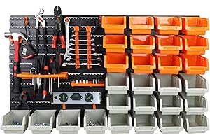 Todeco Estantería herramientas Organizador taller Sistema almacenaje con 28 Bandejas Extraíbles, 2 Paneles Traseros, Organizador para Montar en la Pared, 96 x 54 cm