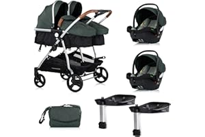 MON MOBILIER DESIGN DUO SMART Poussette jumeaux ou enfants rapprochés largeur 79 cm Vert + 2 cosy i-Size vert avec base Isofix