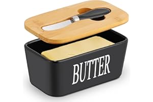 Hossejoy Large Butter Dish with Lid and Knife, European Size Porcelain Butter Container Designed with Double Silicone Seals, Ceramic Butter Box, Perfect for Butter, Nuts, Cheese, 650ml (Black)
