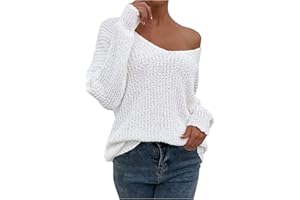 VEMOW Sexy V Neck Sweaters for Women Off Shoulder Jumper Long Sleeve Lightweight Knit Top Casual Loose Fit Fall Pullover Sweater