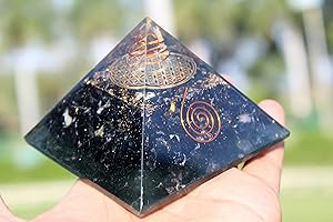 Jet International Turmalina energizada Flor de la vida Pirámide orgonita Piedras preciosas Cobre Mezcla de metal Curación rara Energía positiva Protección EMF Radiación Ondas absorbidas Folleto de t