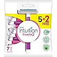 Intuition Exacta2 Sensitive Disposable Razor for Women, 5+ 2 Pack ,Suitable for Sensitive Skin, Ultra thin 2 Blades, Lubricating Strip with Organic Aloe + Vitamin E , Push Clean Button