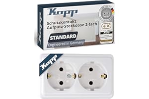Kopp STANDARD 2-fach Schutzkontakt-Steckdose in Arktis-Weiß - Aufputz-Steckdose inkl. Zugentlastung - IP20 Doppelsteckdose-Aufputz für Keller, Werkstatt & Garage - Feuchtraum-Wandsteckdose 16A / 250V~