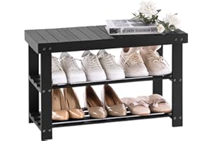 ‎APICIZON APICIZON Schuhbank, Schuhregal Schwarz aus Bambus, 70 x 28 x 45 cm, Schuhschrank mit Sitzbank für Flur, Wohnzimmer, Garderobe, Bad, Diele, 3 Ablagen