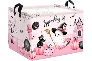 HUUMONSS Spooky Halloween barn förvaringskorg spöke fladdermus pumpa vikbar för pojkar flickor buh stora kläder leksak tvättkorg för barnrum badrum, rosa spökhus, 40 x 30 x 30 cm