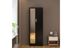 Panana 2 Doors Mirrored Wardrobe for Small Bedroom Bedroom Furniture Robe with 1 Storage Compartment, Hanging Rail, 72 x 47 x 170 cm (Black)