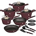 Leonardo Collection 15 Piece Non Stick Induction Safe Cookware Set, Casseroles with Lids, Frypans, Sauce Pan, Trivet, Kitchen Tools, Burgundy