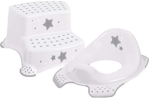 Babycurls Toilet Training Kids Non Slip Up Double Step Stool 21cm + Toilet Training Seat Combo Unisex White for Safe Toddler Loo Potty Training in The Bathroom and Home