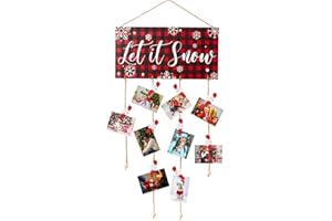 Ychelhr Christmas Card Holder Let It Snow Hanging Picture Holders with 30pcs Snowflake Wooden Photo Clips Picture Holder for Wall Xmas Greeting Card Display for Christmas Home Party Wall Decor