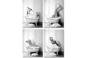 HMDKHI Zwierzęta, czarno-białe nadruki na płótnie, zestaw obrazów łazienkowych, zabawny, słoń, zebra, pingwiny, żyrafa, zwierzęta, dekoracja łazienki (zabawne zwierzęta, 20 x 30 cm x 4 szt. – bez ramki)