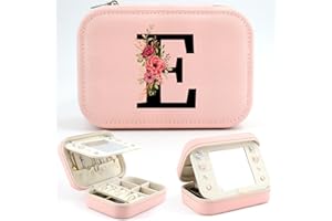 Tarklanda Initiale Boîte à Bijoux Voyage Boite a Bijoux avec Lettre E, Petit Boite à Bijoux Femme, Boîte Rangement avec Miroir, Personnalisé Cadeau pour Femme Filles Amis Maman Anniversaire Noël