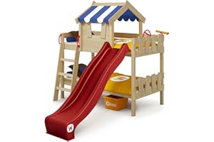 WICKEY Bunk beds Crazy Circus Children`s Bed loft Bed with Slide, roof and slatted Bed Base, Blue tarp + red Slide