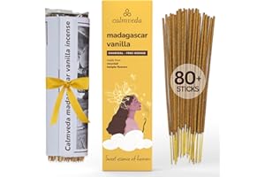 CALMVEDA Madagaskarskie kadzidelka waniliowe - (80 sztyftów) bez wegla drzewnego, wykonane z kwiatów pochodzacych z recyklingu | Slodkie, przytulne, cieple i ziemiste nuty | Relaksujace i lecznicze kadzidelka