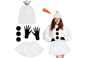 Ueyben Schneemann Kostüm Set,Weihnachtskostüm mit Schneemann hut Tutu Handschuhe Karotten Requisiten Nase Drei schwarze Kunstfellbälle für Frauen Weihnachten Halloween Karneval
