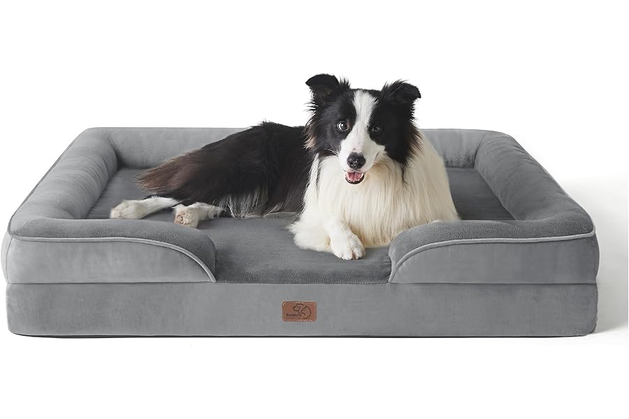 Bedsure Large Dog Bed Sofa - Washable Orthopedic Dog Beds and Couch with Removable Flannel Cover, Waterproof Dog Pillow with U-Shape Bolster, Grey Squre Pet Bed, 89x63x16cm