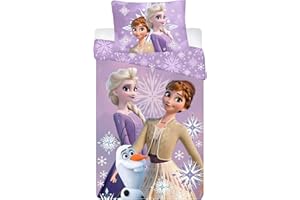 BRANDMAC Disney Frozen Bettwäsche-Set für Juniorbett | 100x135 cm Bettbezug & 40x60 cm Kissenbezug, 100% Baumwolle | Weiche, atmungsaktive Kinderbettwäsche mit ELSA, Anna & Olaf | Lila Schneeflocken-Design