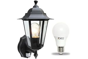 Dependable Trading Traditional 6 Sided Garden/Porch Outdoor Coach Wall Lantern IP44 (Black 6 Sided + Motion Sensor + LED)