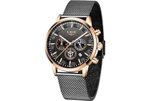 LIGE La Moda Relojes Hombre Negocios Impermeable Cuarzo simulado Reloj Fase Lunar Negro Acero Inoxidable Cinturón de Malla Relojes de Pulsera