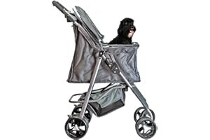 AQPET Passeggino Pieghevole per Cani di Taglia Piccola e Media, Carrello per Animali Domestici Leggero e Resistente, Carrozzina con Doppie Ruote Girevoli e Chiusura Compatta, 75x45x100 cm, Grigio