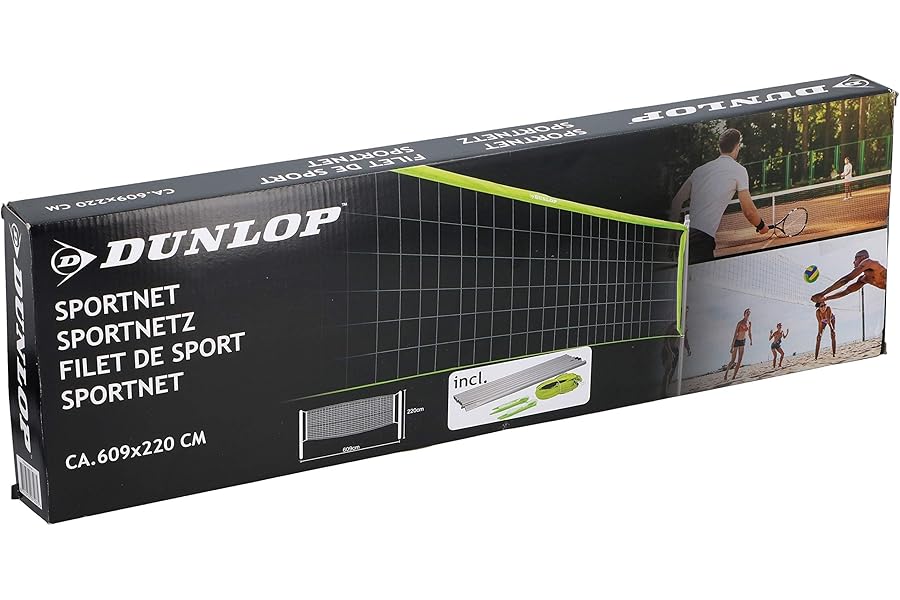 Dunlop Sport Net 609 x 220 cm - Volleyball Net - Tennis Net - Badminton Net - Complete Set with Poles, Net, Ground Anchors and Tension Ropes - Versatile - Green/Black