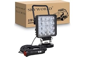 SKYWORLD 4 inch 48W Portable Magnetic Base LED Work Light, 12V 24V Off road Driving Fog Lights Lamp Square Floodlights for 4x4 Car SUV ATV Truck Tractor Excavator, 6000K White Led Search Lights
