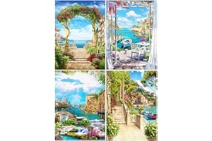 DCIDBEI Diamond Paint Kit 4 Quadri Paesaggio Spiaggia 40x50 cm Painting Diamond 5D Finestre Paesaggi Diamond Painting Paesaggi Mare Tele Diamond Painting di Paesaggi Romantici Adulto