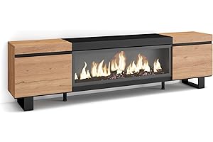 Skraut Home | Mueble TV | Televisión | Muebles de salón, almacenaje | 210 | para TV hasta 80" | Chimenea eléctrica XXL | Diseño Industrial | Estilo Moderno | Roble y Negro