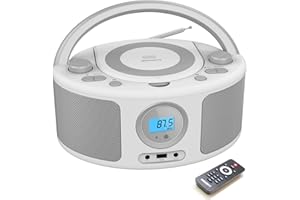 WISCENT Portable CD Player with Bluetooth Boombox, FM Radio Stereo Sound, USB, 3.5mm AUX Port & Headphone Jack, Mains or Battery