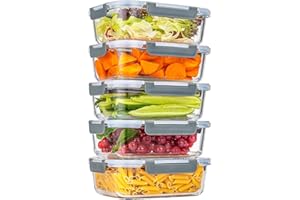 KUMD 10-Teiliges(5 Sets) Glas-Frischhaltedosen Klickverschluss-Deckel, 1040 ml, BPA-frei, luftdicht & auslaufsicher, für Meal Prep & Lunch, ofen-, mikro-, gefrier- & spülmaschinengeeignet