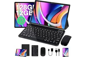 JUSYEA 2024 Newest Tablet 10 Pulgadas Android 13 Tablets PC 12GB RAM + 128GB ROM (1TB TF) Octa-Cores 2.0Ghz, WiFi 6, BT 5.0, GPS, Cast, 8000mAh, 8+5MP, Cuerpo Metálico, con Funda, Teclado y Ratón, Gris