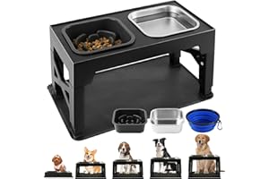 LUREON Comedero Perro Elevado y Ajustable - Acero Inoxidable 1400ml + Antiatragantamiento 1100ml + Viaje + Alfombrilla- Base Antideslizante para Perros Medianos/Grandes